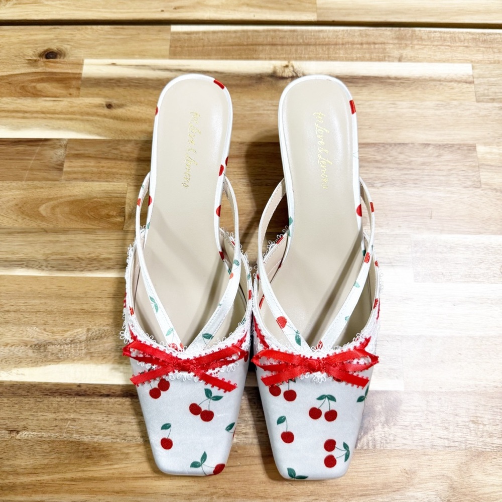 FOR LOVE & LEMONS Free People White Cherry Print Bow Audrey Mules Heels size 39 - Picture 8 of 11